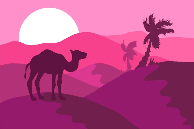 Desert panorama with camel silhouette flat illustration. Wildlife, nature minimalistic background