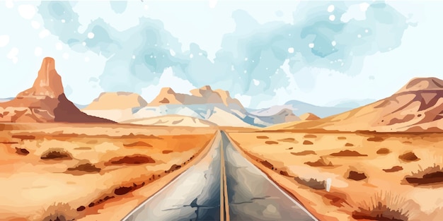 Vector desert road landscape watercolor vector illustration design