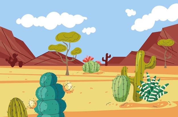 Desert sand landscape with cactus cartoon background concept graphic design illustration