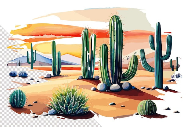 A desert scene with cacti and desert and mountains in the background