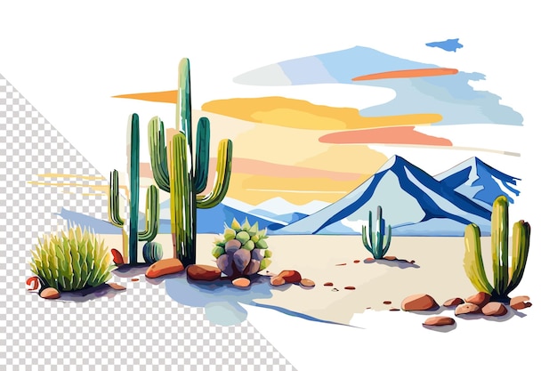 A desert scene with cactuses and mountains in the background