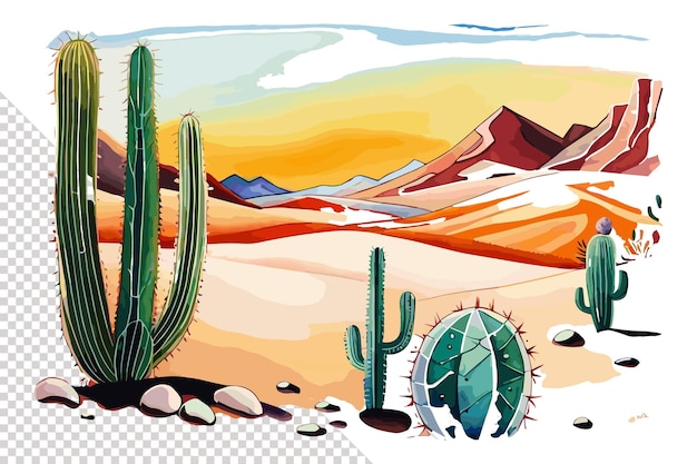 A desert scene with cactuses and mountains