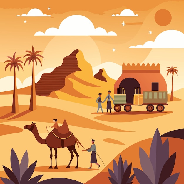 Vector a desert scene with a camel and a camel