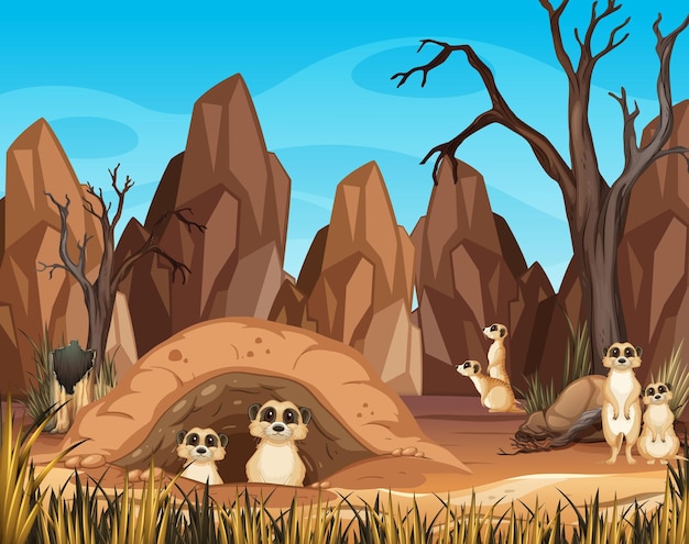 Desert scene with cute little meerkats