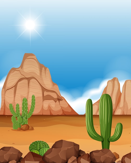 Desert scene with mountains and cactus