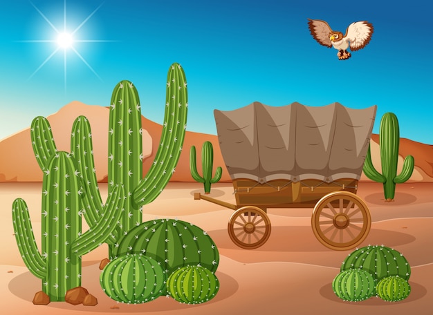 Vector desert scene with wagon and cactus