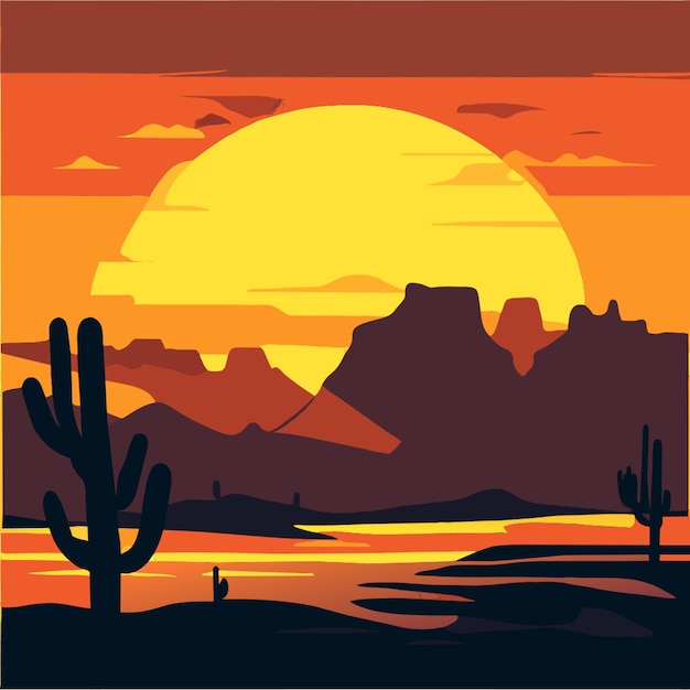 desert sunset landscape with mountains vector illustration doodle vector illustration flat 2