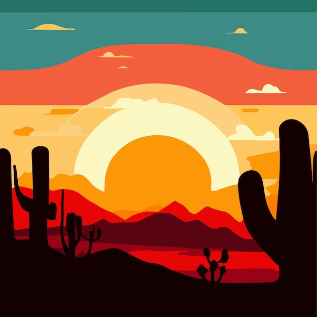 Vector desert sunset landscape with mountains vector illustration