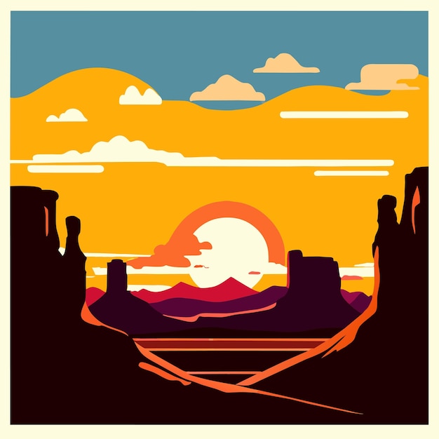 Vector desert sunset landscape with mountains vector illustration