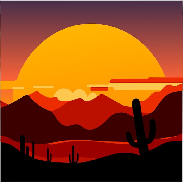 Vector desert sunset landscape with mountains vector illustration