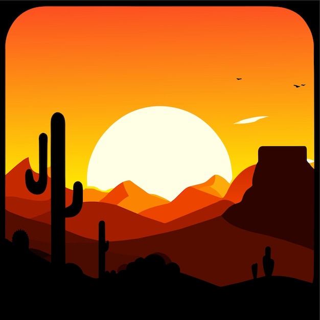 Vector desert sunset landscape with mountains vector illustration