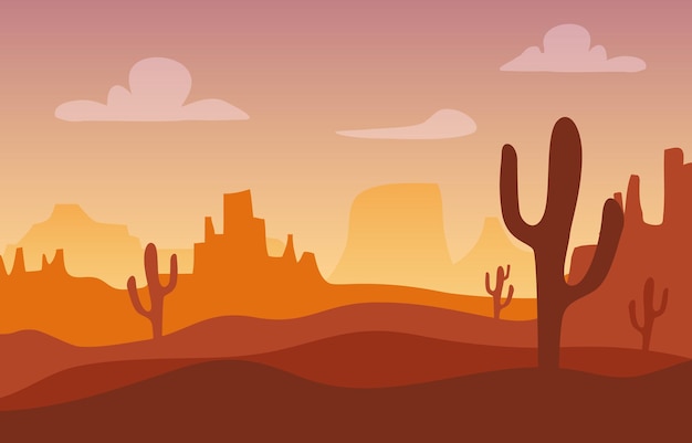 Desert sunset silhouette landscape Arizona or Mexico western cartoon background with wild cactus canyon mountain