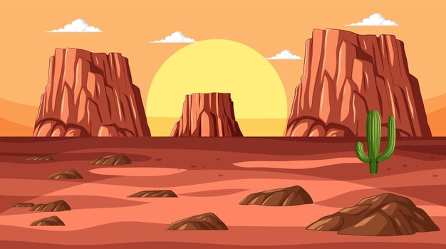 Vector desert sunset with cactus and buttes