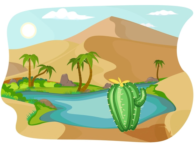 Desert with oasis. Mirage. Oasis landscape scene