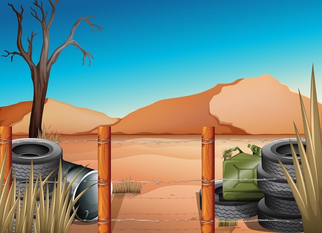 Vector a desert with tires and a barbwire fence