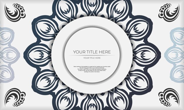 Design background with vintage patterns. White banner template with mandala ornaments and place for your logo.