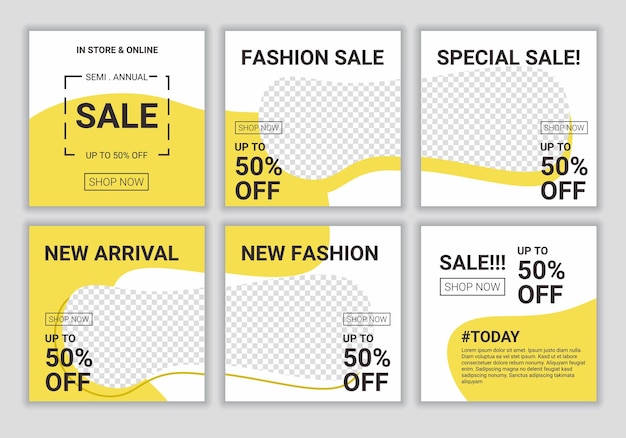 Design backgrounds for social media banner Set collection of ig feed post frame template design with yellow and white color Fashion promo clearance sale Vector square puzzle layout for promotion