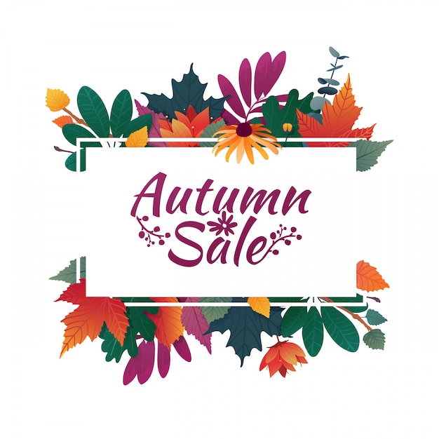 Design banner with autumn sale logo. Discount card for fall season with white frame and herb