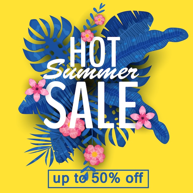 Design of a banner with a logo of summer sale. Offer for promotion with summer tropical plants, leaves and flower decoration. Vector, illustration