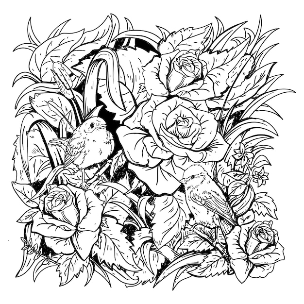 design black and white hand drawn illustration bird and rose in nature  premium