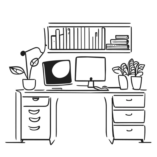 Vector design cabinet with computer and hanging plants and pen and books vector illustration doodle line