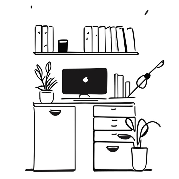 Vector design cabinet with computer and hanging plants and pen and books vector illustration doodle line