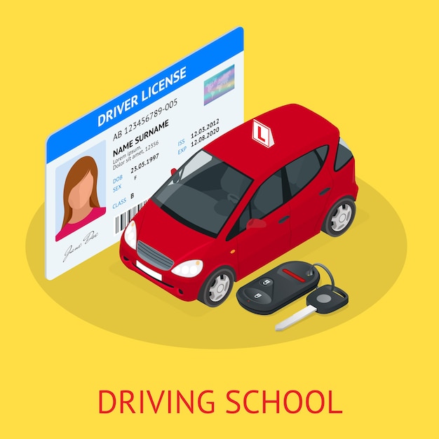 Vector design concept driving school or learning to drive. flat isometric illustration.