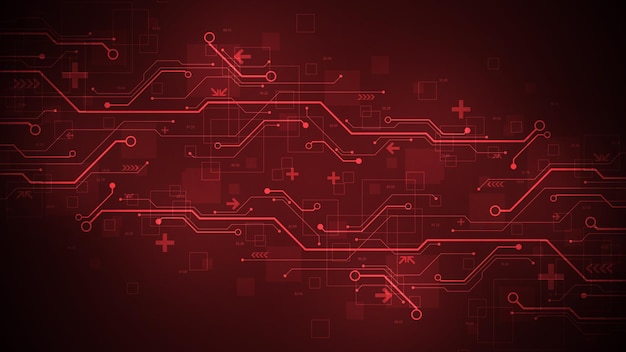 Design in the concept of electronic circuit boards on a dark red background.