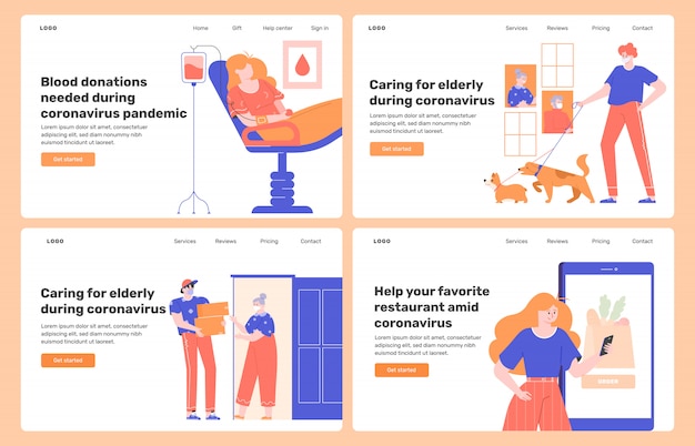 Design concepts for landing pages to help with coronovirus. Safe blood donation, assistance to the older generation, dog walking, food and drug delivery, maintaining a small business. flat.