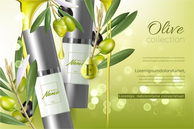 Vector design cosmetics product advertising for catalog, magazine. mock up of cosmetic package. moisturizing cream, gel, milk body lotion with olive oil.