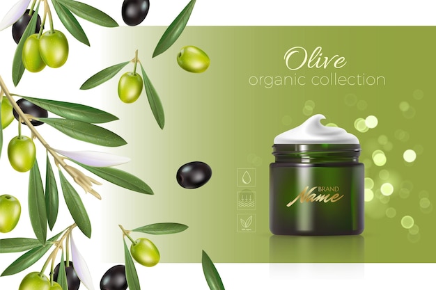 Vector design cosmetics product advertising for catalog, magazine. mock up of cosmetic package. moisturizing cream, gel, milk body lotion with olive oil.