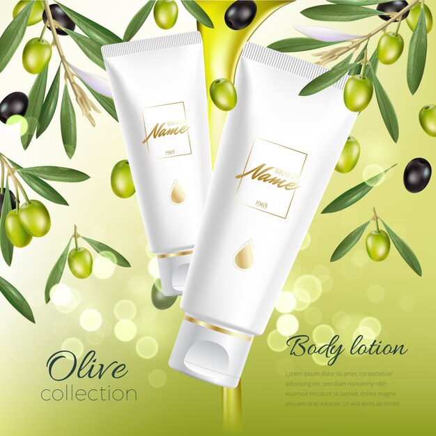 Vector design cosmetics product advertising. moisturizing cream, gel, milk body lotion with olive oil.