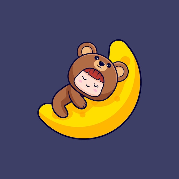 Design of cute girl wearing bear costume sleeping in the moon