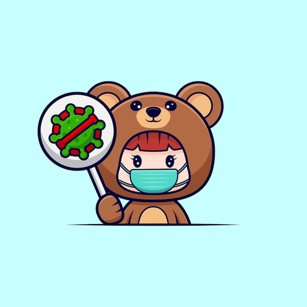 Design of cute girl wearing bear costume with mask and hold stop virus symbol