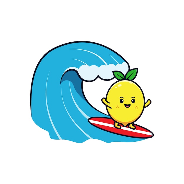 Design of cute lemon character surfing flat mascot illustration