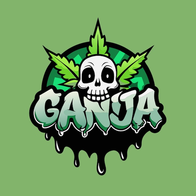 design a dark horror logo for the text ganja with a green slimy background and a marijuana ontop