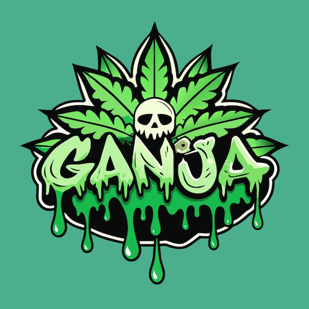 design a dark horror logo for the text ganja with a green slimy background and a marijuana ontop