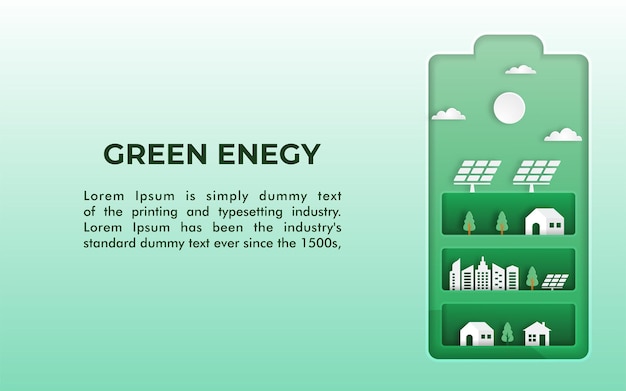 Design for an eco friendly banner a battery shape with city and garden save the planet and energy