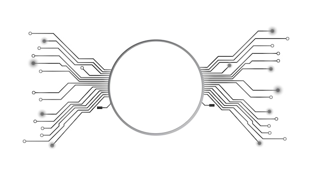 Design element in techno style with copy space silver circle with PCB tracks isolated on white Template for website or banner Vector illustration