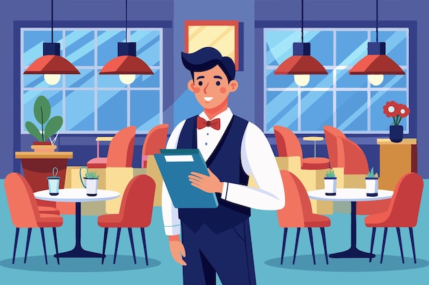 Vector design a flatstyle restaurant manager with reservation book and dining setup