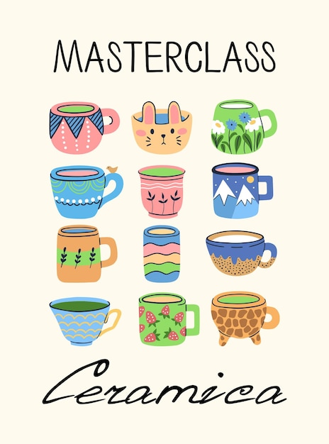 Design of flyer with ceramic cups for Art school, ceramics master class. Vector illustration.