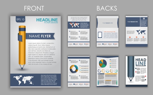 Design of flyers, brochures and booklets with elements of infographics and a pencil. set