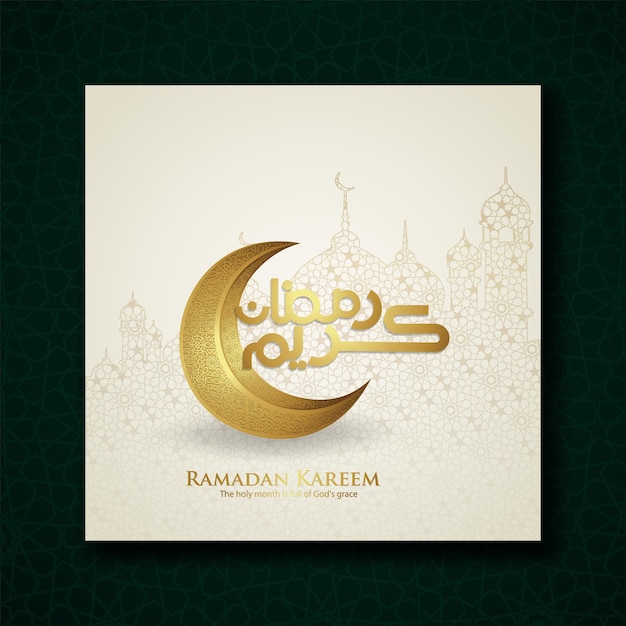 Design greeting card ramadan moment with arabic calligraphy, Luxurious crescent moon, traditional lantern and mosque pattern texture islamic background. Vector illustration.