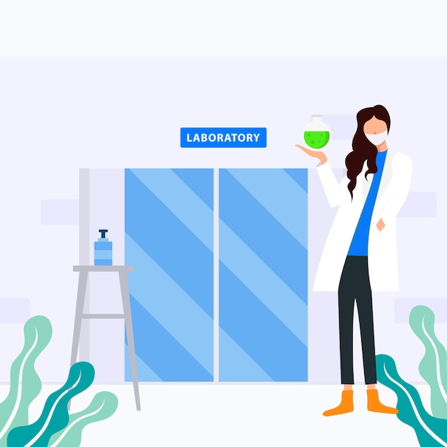 Design illustration of doctor holding vaccine in front of laboratory