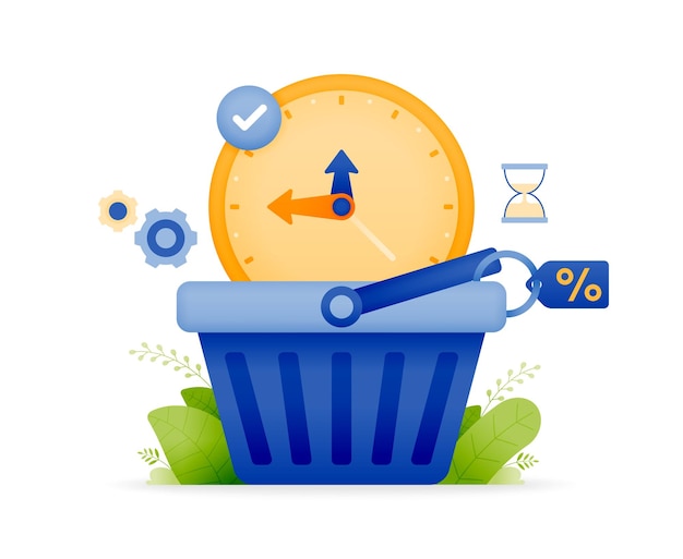 Design illustration of shopping time and discount clock that appears from the shopping cart to show the time of best offer can be used for web website posters apps brochures