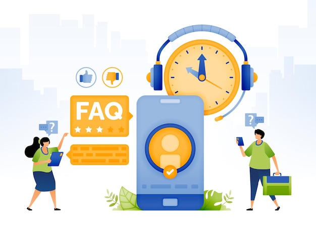 Design illustrations of 24 hour complaints FAQ apps to customer service Customer support services using apps helps users to solve problems can be used for web website posters apps brochures