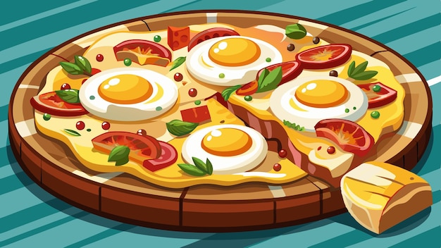 Design an image displaying a breakfastinspired pizza topped with scrambled eggs bacon and hash br