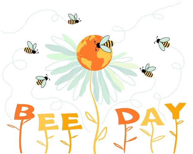 Vector design for international bee day may 20 planet earth in the form of a flower around which bees fly