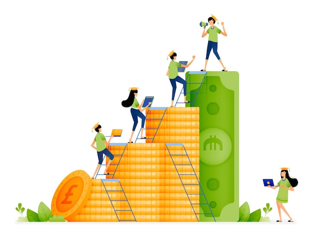 Design of money arranged like growth bar chart students climb ladder of achievement to get tuition fees scholarships Illustration for landing page website poster banner mobile apps web brochure ads