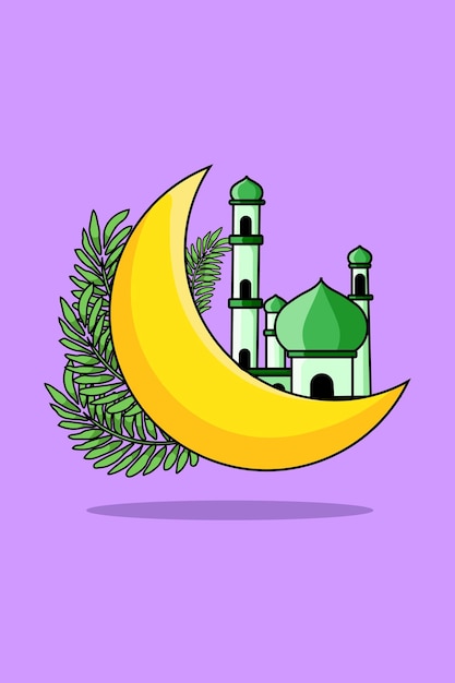 Design Mosque on Moon Cartoon Illustration